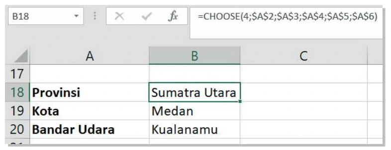 Fungsi pilih menentukan nilai data pada posisi tertentu dalam tabel data.