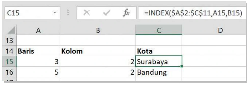 Fungsi index untuk mengetahui posisi suatu provinsi, kota atau bandar udara di
dalam tabel data yang dipandang sebagai suatu tabel berdimensi dua