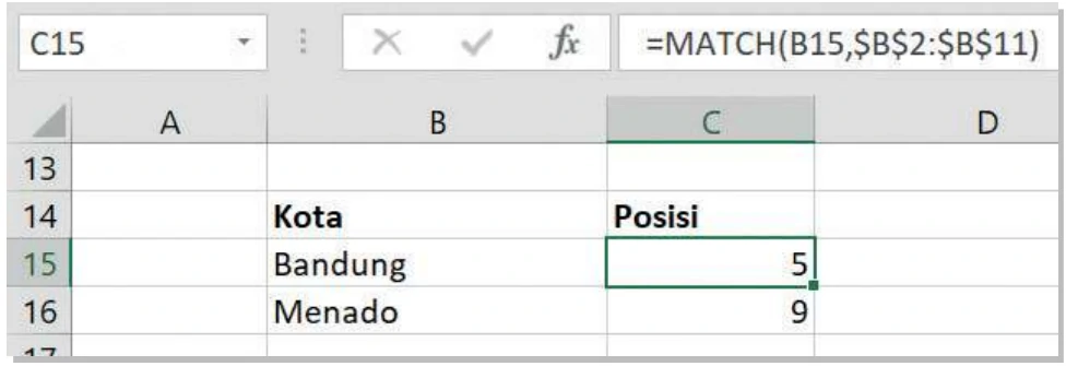 Fungsi match untuk mengetahui posisi suatu provinsi, kota atau bandar udara di
dalam tabel data